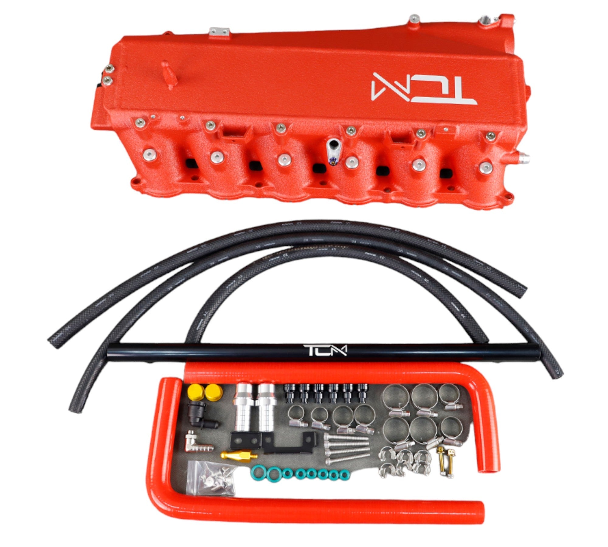 Red engine cover with components on a white background